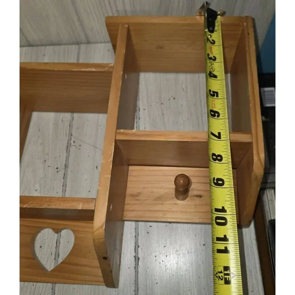 Vintage Heart Cutout 3 Tier Display Shelf Wood W/Pegs Rustic Country Farmhouse